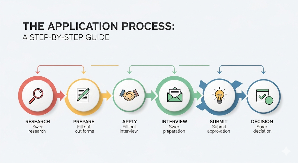 Alt text: An infographic titled "The Application Process: A Step-by-Step Guide" illustrates a six-step process: Research, Prepare, Apply, Interview, Submit, and Decision, each with a corresponding icon.