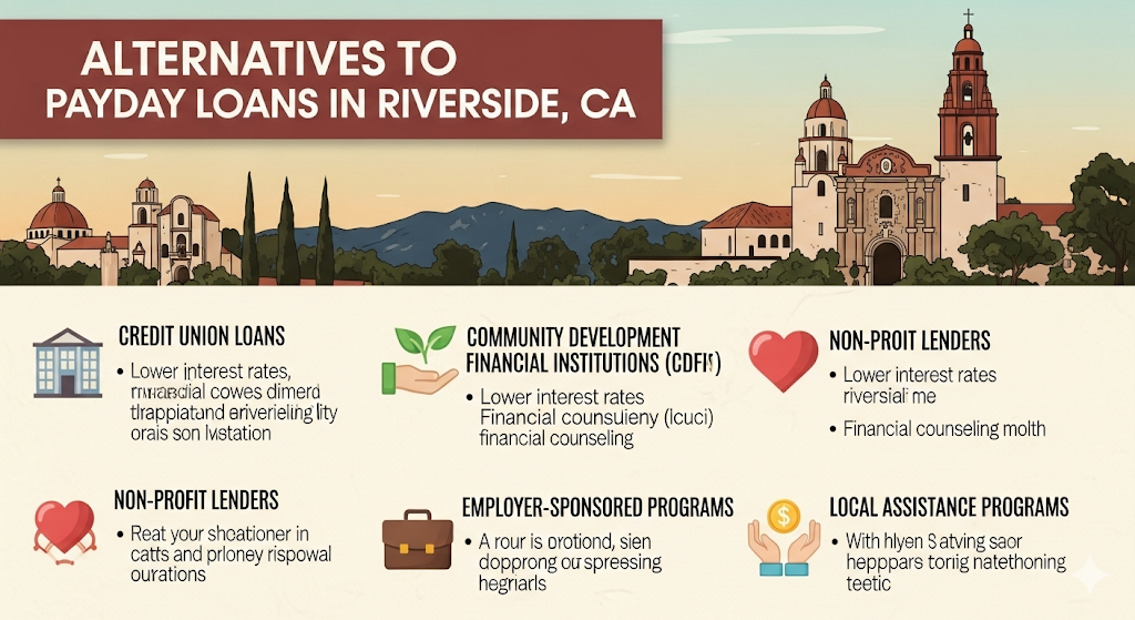 The title, "Alternatives to Payday Loans in Riverside, CA," is prominently displayed in a bold, friendly font at the top. The poster features various sections, each with a clear heading and an icon representing the alternative
