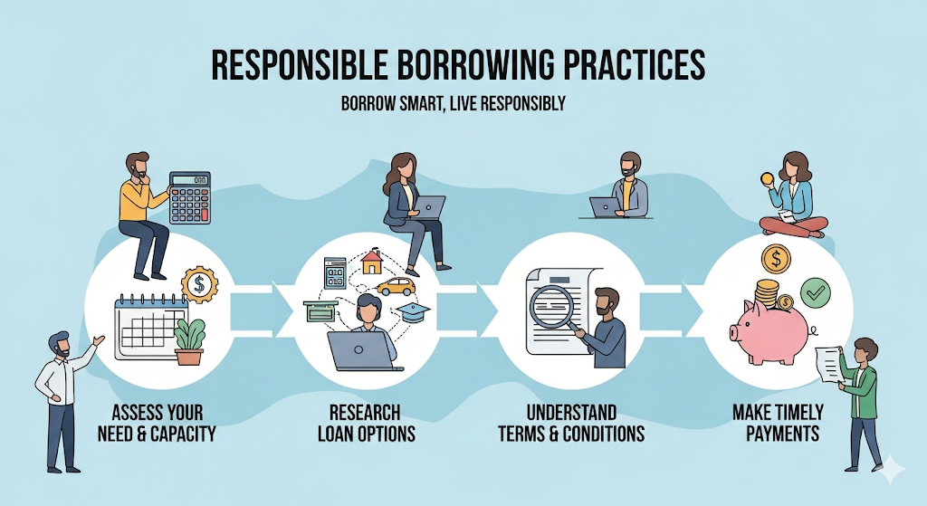 An infographic illustrating responsible borrowing practices. It shows characters engaging in financial planning, researching loans, and making timely payments.