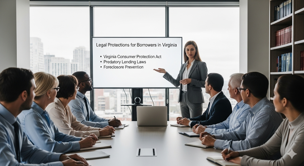 A lawyer presents "Legal Protections for Borrowers in Virginia" to a diverse group in a modern conference room, covering consumer protection and predatory lending.
