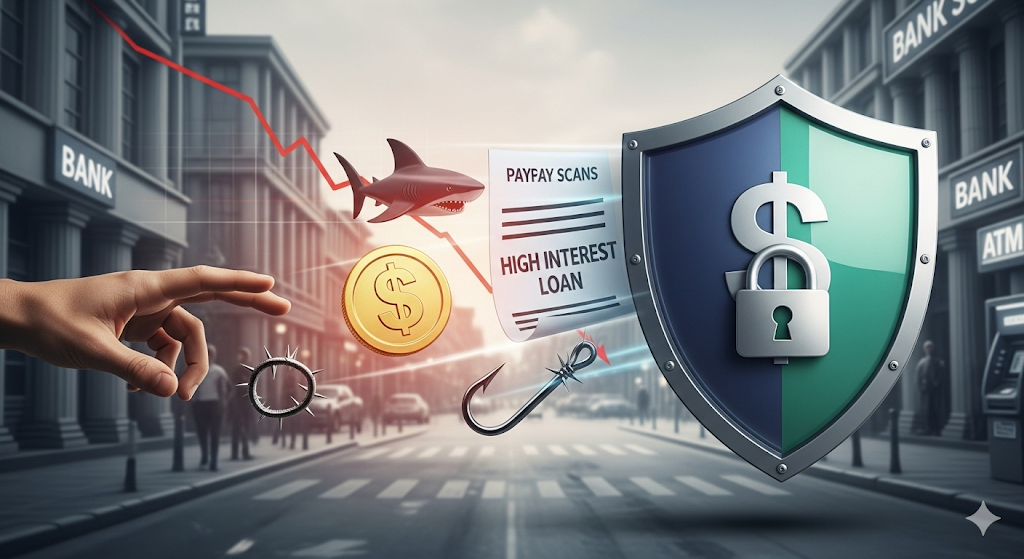 A shield with a dollar sign and lock protects from payday loan scams, high-interest loans, and predatory lending hooks.