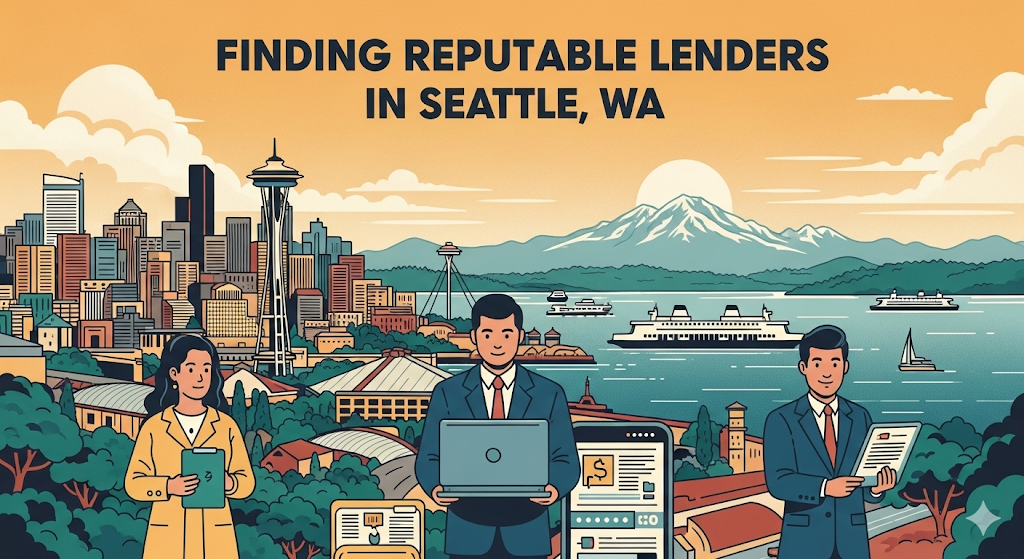 A graphical image illustrating "Finding Reputable Lenders in Seattle, WA," showing people holding documents and a laptop in front of the Seattle skyline.