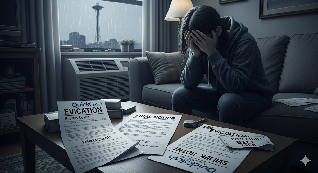 Distressed person in Seattle apartment with overdue payday loan notices, eviction papers, and a "Final Notice" on the coffee table.