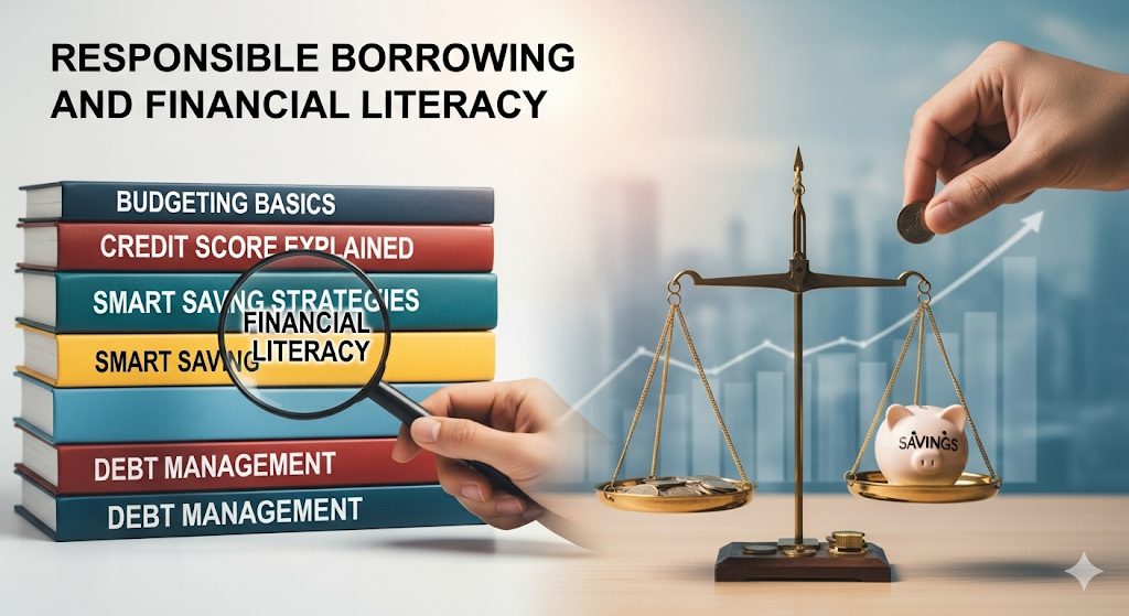 Alt text: An image on responsible borrowing and financial literacy, showing a stack of finance books with a magnifying glass on "Financial Literacy" and a scale balancing a piggy bank and coins.