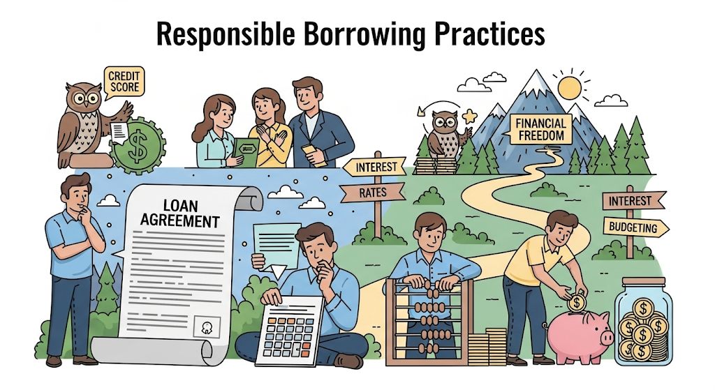 A graphic illustrating responsible borrowing practices. It features diverse characters engaging in financial activities like reviewing loan agreements, budgeting, and saving.