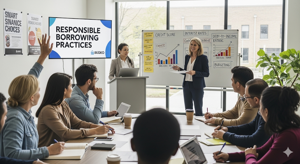 A financial advisor leads a workshop on "Responsible Borrowing Practices" to a diverse group of attentive participants in a bright, modern meeting room.