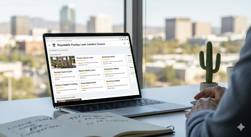 A person researches reputable Tucson payday loan lenders on a laptop, checking reviews, licenses, and comparing APRs.