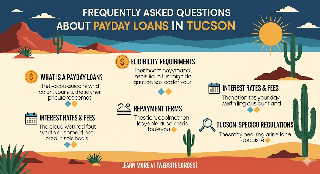 An infographic with a desert theme answers frequently asked questions about payday loans in Tucson, covering eligibility, rates, and regulations.