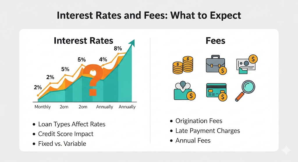 Alt text: An infographic titled "Interest Rates and Fees: What to Expect," with a graph showing rising interest rates and icons representing various fees like origination and late payment charges.