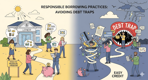 A graphical image titled "Responsible Borrowing Practices: Avoiding Debt Traps," showing a split scene. On the left, people are responsibly managing their finances; on the right, people are caught in a debt trap.
