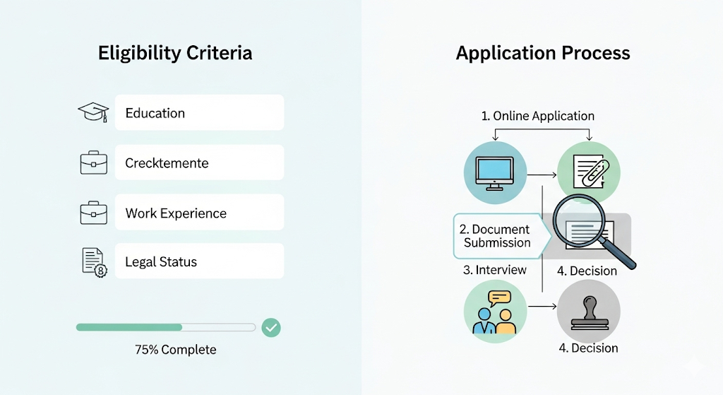 Image depicts "Eligibility Criteria" (education, work, legal status) and a four-step "Application Process" (online, documents, interview, decision).