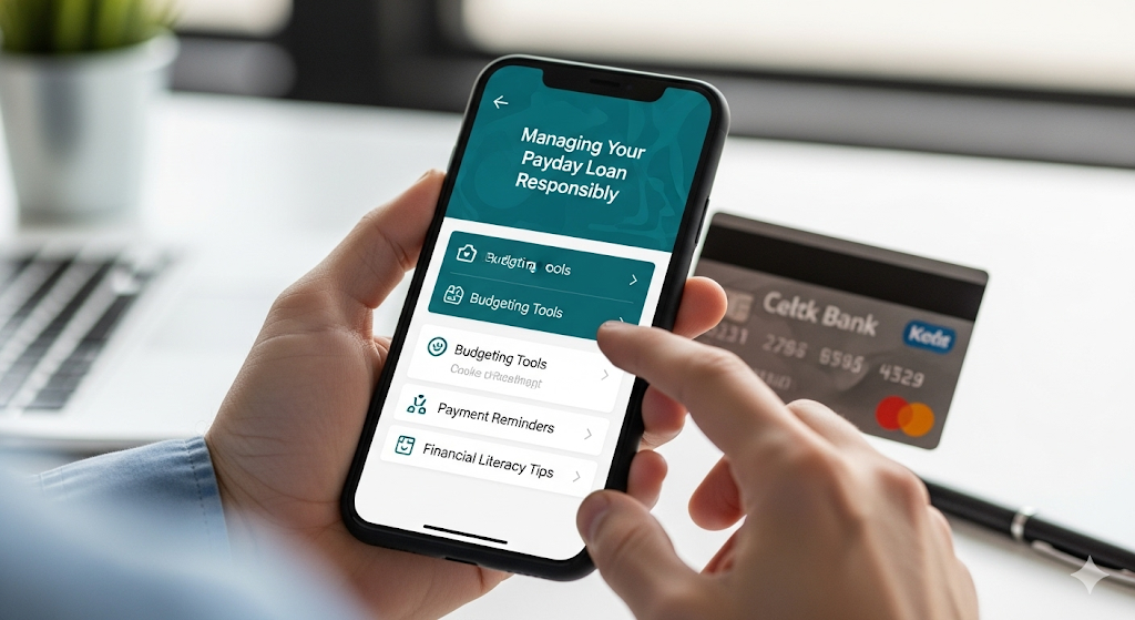 A person's hands holding a smartphone with an app open, titled "Managing Your Payday Loan Responsibly," showing options like "Budgeting Tools" and "Payment Reminders," with a debit card nearby.