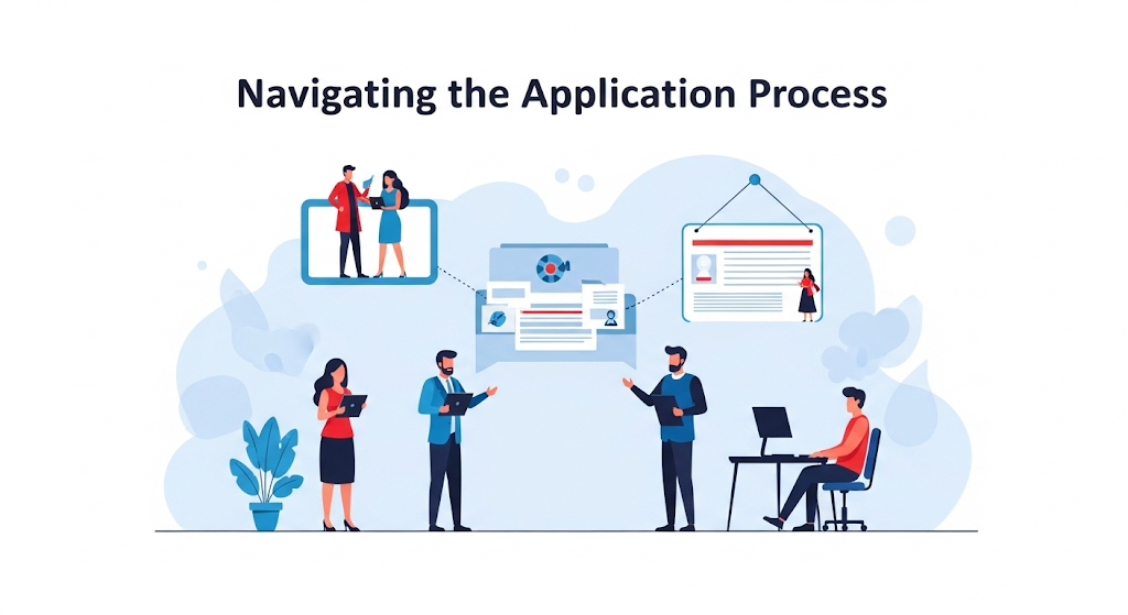 A graphical image illustrating "Navigating the Application Process," showing a series of human characters and documents in a step-by-step flow, representing the different stages of an application.