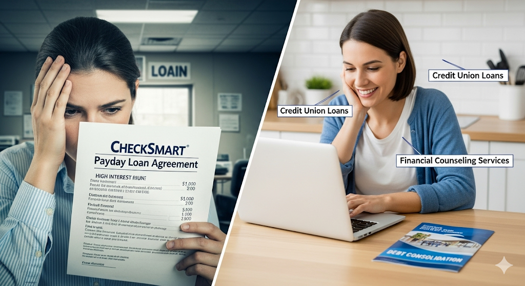 Split image: one person stressed by a CheckSmart payday loan, the other happily researching credit union and financial counseling alternatives.