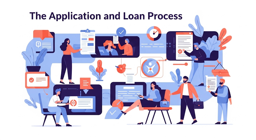 A graphical image illustrating "The Application and Loan Process," showing a series of human characters and documents in a step-by-step flow, representing the different stages of an application.