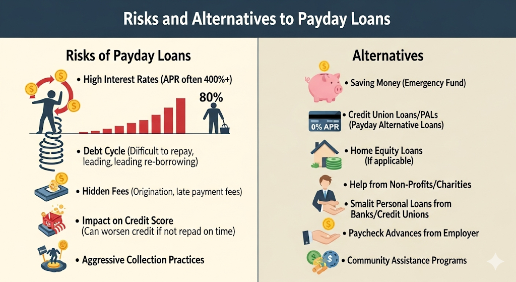 Infographic comparing payday loan risks like high interest rates and debt cycles to safer alternatives like credit union loans.