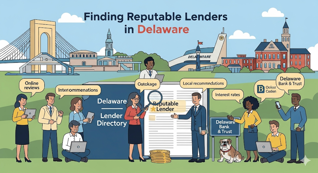 A graphical image titled "Finding Reputable Lenders in Delaware," showing people looking at a lender directory and using a laptop to find information, with a backdrop of Delaware landmarks.