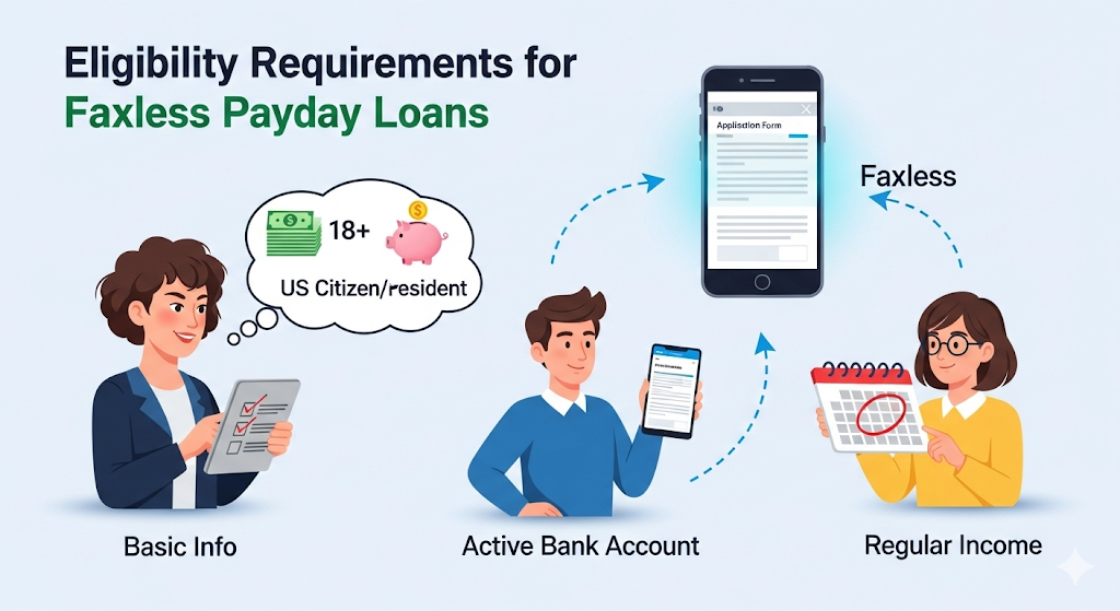 A graphical image illustrating "Eligibility Requirements for Faxless Payday Loans," showing people holding a tablet, a phone, and a calendar to represent the requirements.