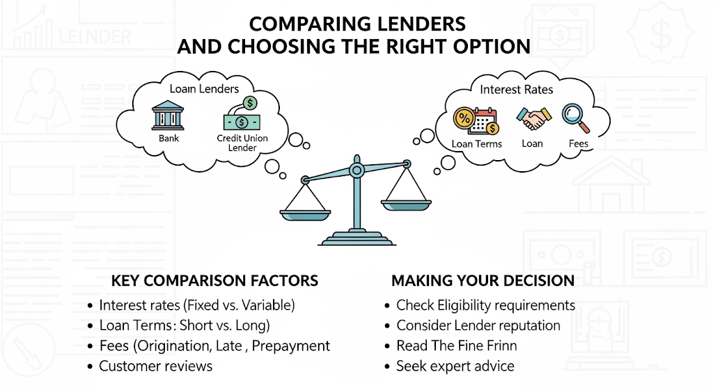 Infographic on comparing lenders, with a scale balancing lenders and loan terms, and checklists for key factors and decision-making.