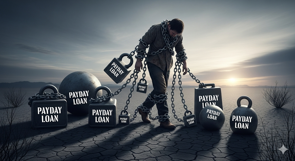 A person is weighed down by heavy chains and weights, each labeled "Payday Loan," symbolizing the crushing burden of debt.