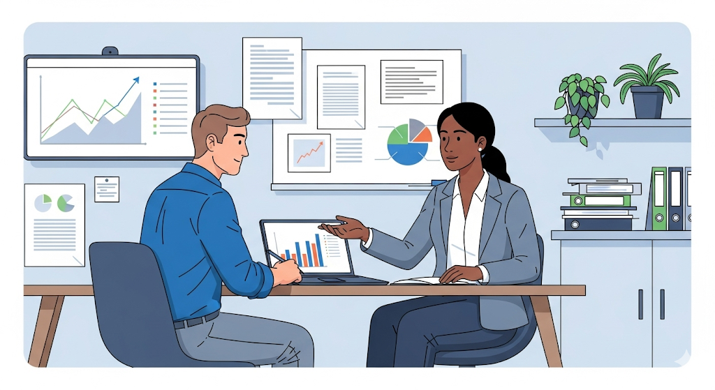 A graphical image illustrating "Seeking Professional Financial Advice," showing a client sitting at a desk with a financial advisor, who is pointing to financial charts on a laptop.