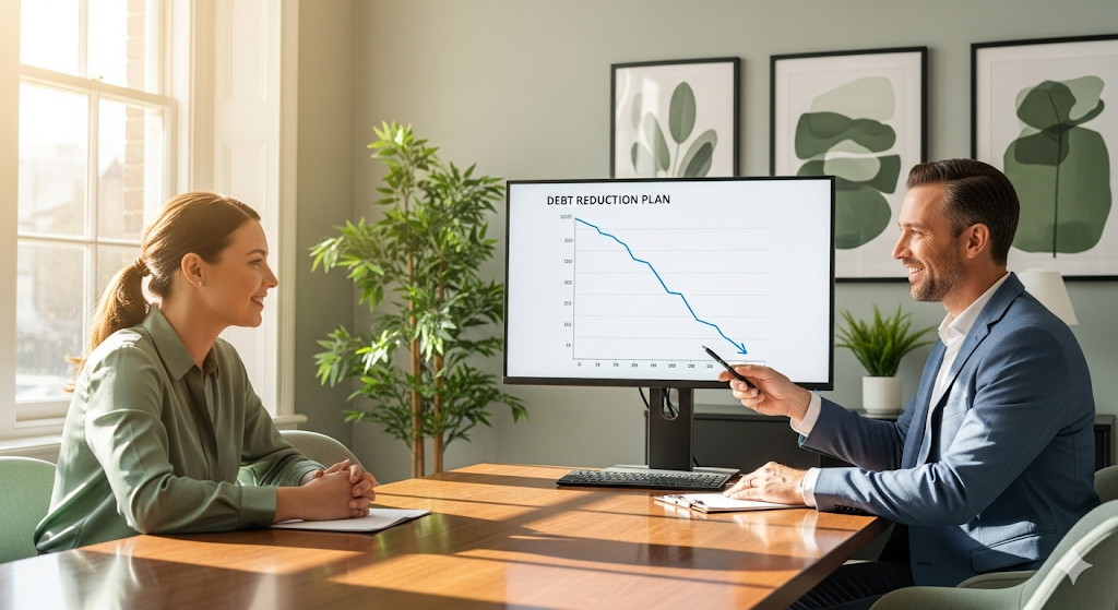 A financial advisor shows a relieved client a debt reduction plan with a downward-trending graph, symbolizing hope and recovery.