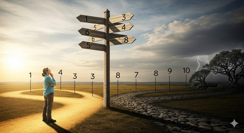 A person at a crossroads with a signpost showing different numbered paths, symbolizing choosing personal limits.