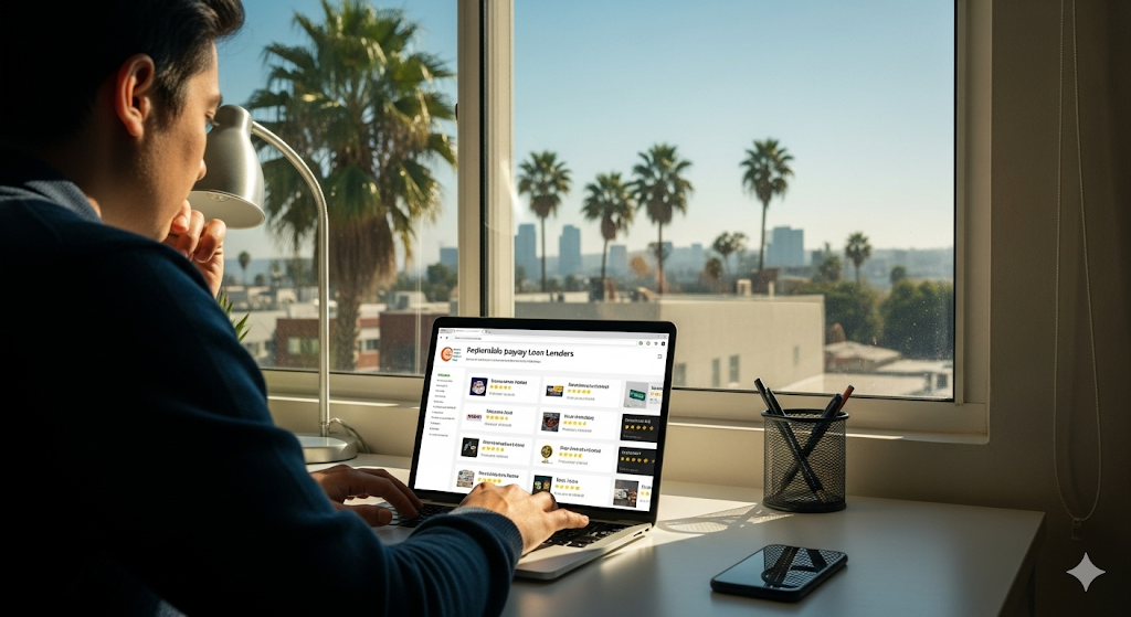 A person in Los Angeles searches online for reputable payday loan lenders, comparing options on their laptop.