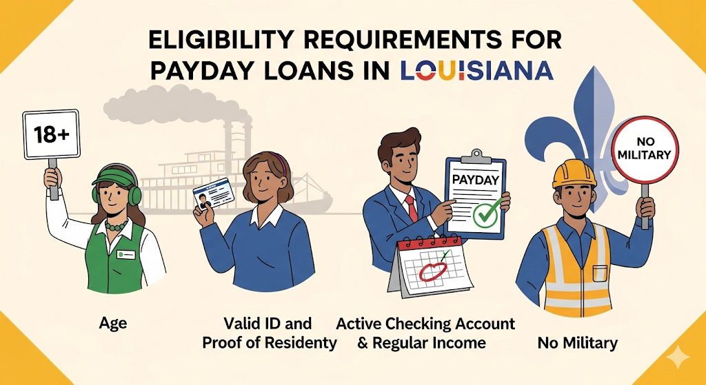 A graphical image illustrating "Eligibility Requirements for Payday Loans in Louisiana," showing people and icons representing age, valid ID, active checking account, and no military service.