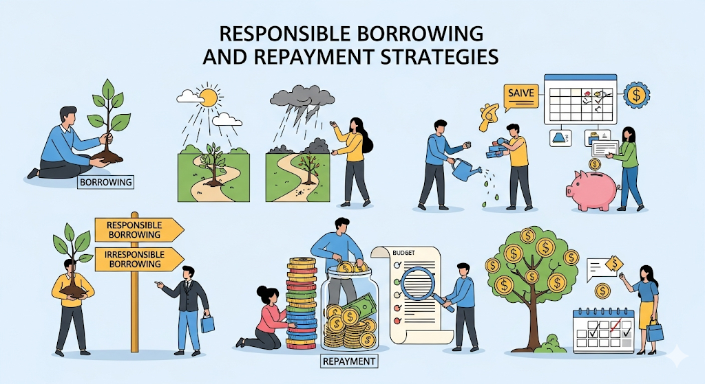 A graphical image titled "Responsible Borrowing and Repayment Strategies," showing people on a path of financial decisions and managing their money through budgeting and saving.