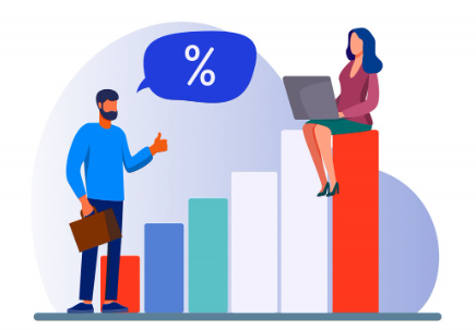 "Illustration of a man with a briefcase giving a thumbs-up while a woman with a laptop sits on a bar chart, with a percentage symbol above."