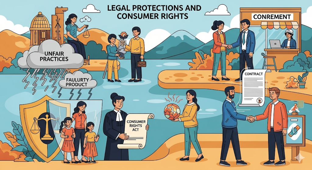A graphic illustrating legal protections and consumer rights. It shows characters interacting with a lawyer and a contract, and being protected by a shield.