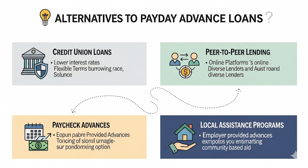 An infographic showing alternatives to payday advance loans, including credit unions, peer-to-peer lending, paycheck advances, and local assistance programs.