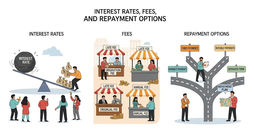 A graphical image titled "Interest Rates, Fees, and Repayment Options," showing a seesaw for interest rates, market stalls for fees, and a road map for repayment options.