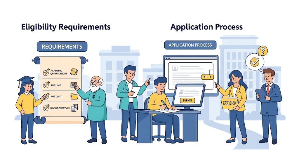 A graphical image with humanistic characters, titled "Eligibility Requirements and Application Process," depicting a list of requirements and an application.