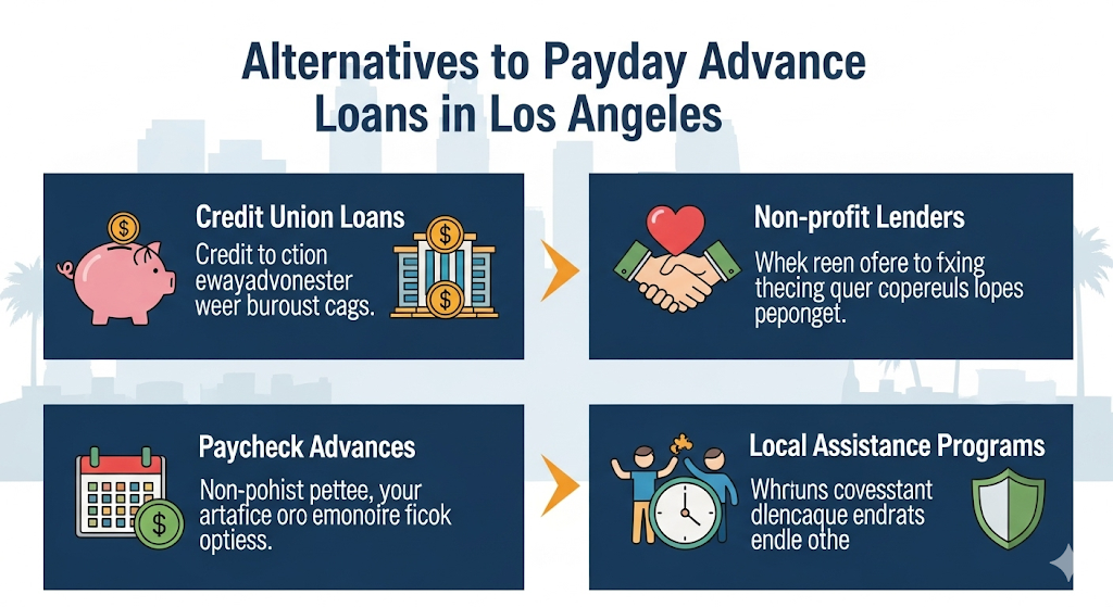Infographic on Los Angeles payday advance loan alternatives: credit unions, non-profit lenders, paycheck advances, and local assistance programs.