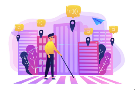 "Illustration of a visually impaired man using a white cane to cross the street, with sound navigation icons guiding him through the city."