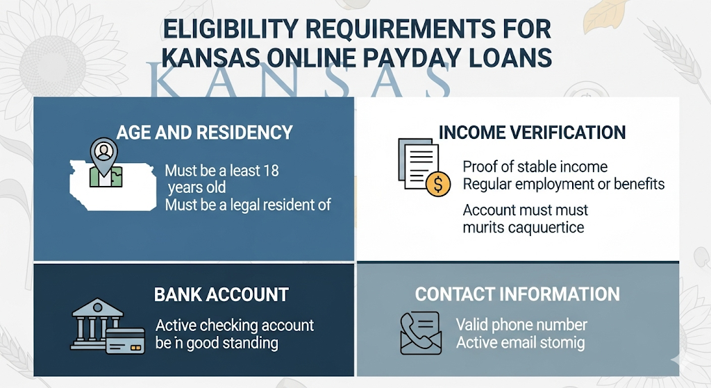 Infographic on Kansas online payday loan eligibility: age, residency, income verification, bank account, and contact information.