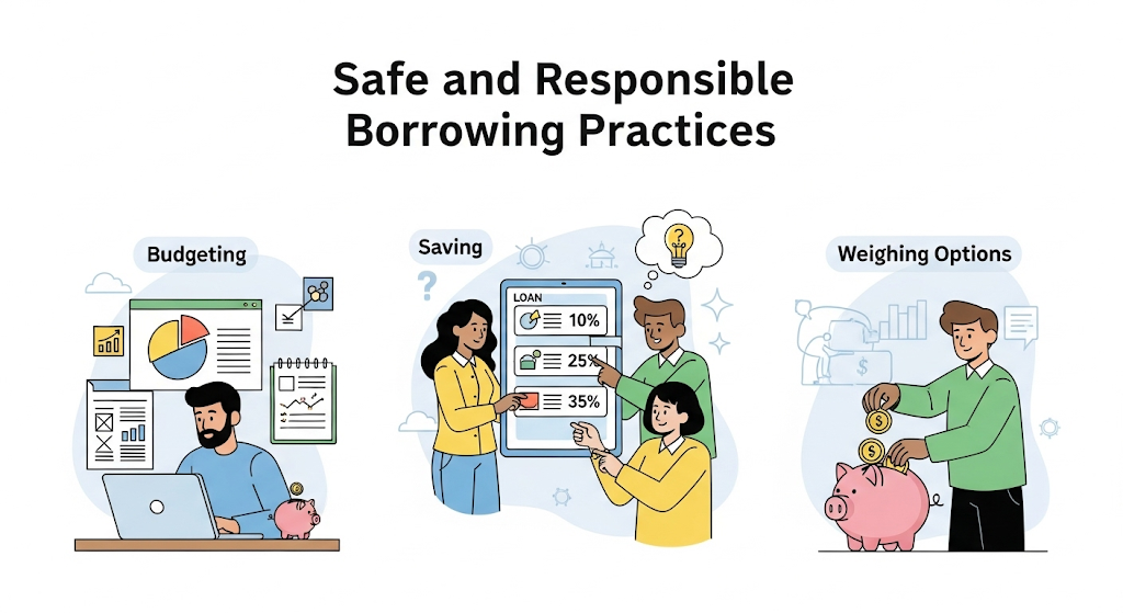 A graphical image titled "Safe and Responsible Borrowing Practices," showing people budgeting on a laptop, weighing loan options on a tablet, and saving money in a piggy bank.