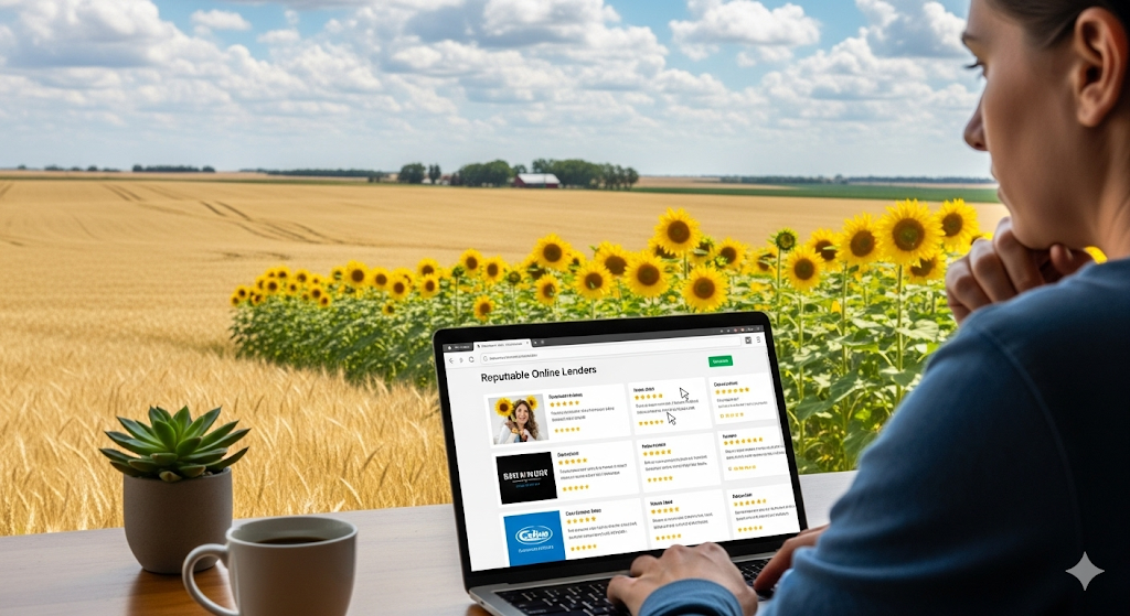 A person in Kansas researches reputable online lenders on their laptop, with a scenic view of a wheat field.