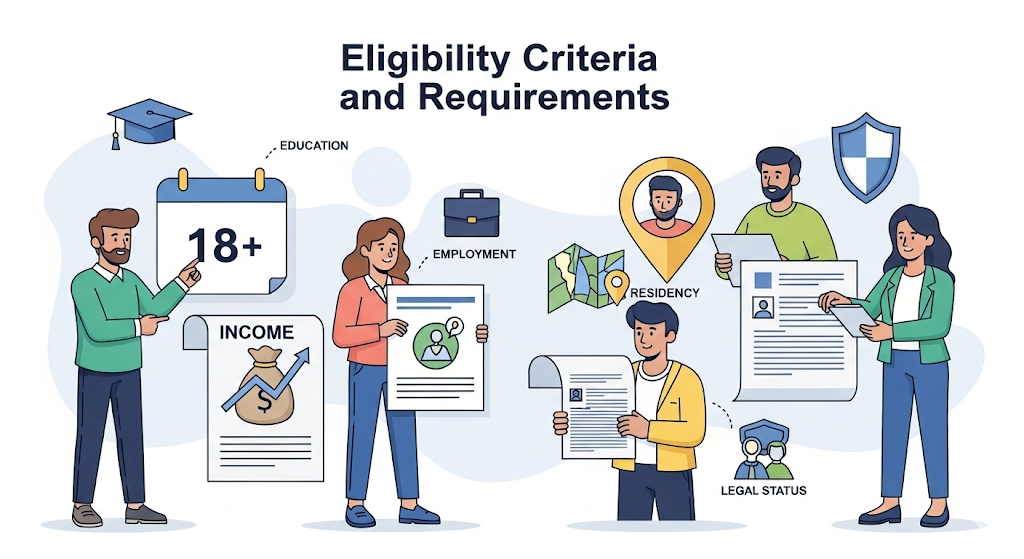 A graphical image titled "Eligibility Criteria and Requirements," showing people and icons representing age, income, employment, residency, and legal status.