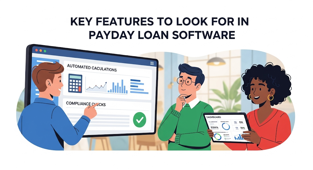 A graphical image titled "Key Features to Look for in Payday Loan Software," showing a group of people interacting with a software interface that highlights features like automated calculations, compliance checks, and a dashboard.