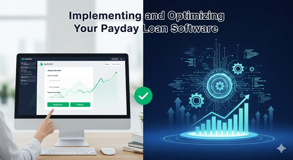 Alt text: A split-screen image. The left side shows a user interacting with a payday loan software interface on a desktop. The right side features abstract, stylized icons representing optimization, such as code lines, gears, and upward-trending graphs. The title "Implementing and Optimizing Your Payday Loan Software" is centered at the top.