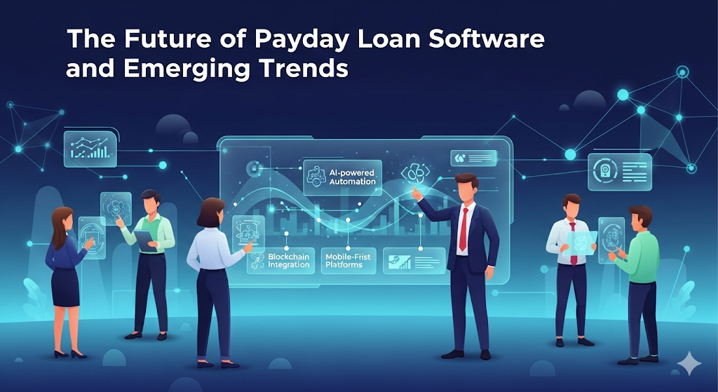 A graphical image titled "The Future of Payday Loan Software and Emerging Trends," showing people interacting with a large holographic screen displaying a timeline of innovations and emerging trends like AI and blockchain.