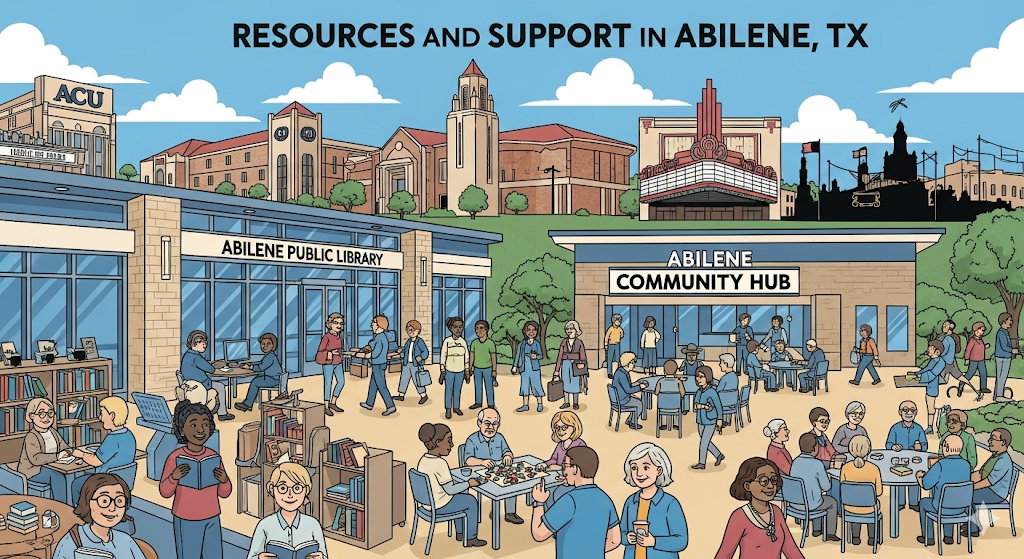 A graphical image titled "Resources and Support in Abilene, TX," showing people at a public library and a community hub, with a background of Abilene landmarks like ACU and the Paramount Theatre.