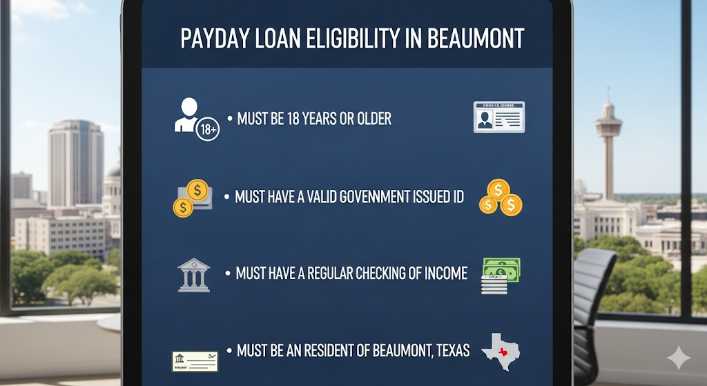 Alt text: An infographic on a tablet screen listing eligibility requirements for a payday loan in Beaumont, Texas, with icons for age, ID, income, bank account, and residency.