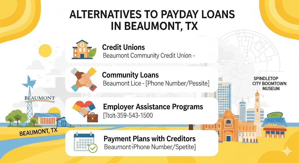Alt text: An infographic poster titled "Alternatives to Payday Loans in Beaumont, TX" featuring icons for credit unions, community loans, employer assistance, and payment plans.
