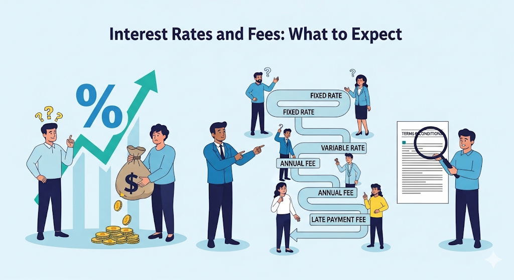 A graphical image illustrating "Interest Rates and Fees: What to Expect," showing people looking at a percentage sign, a bag of money, a flowchart of options, and a document.