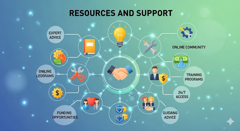 Alt text: A detailed infographic with a central handshake icon, surrounded by a network of interconnected icons and text bubbles representing various resources and types of support.