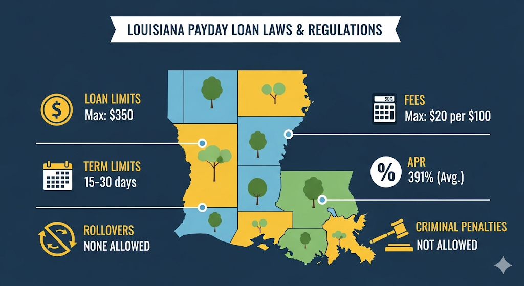 Alt text: An infographic showing a stylized map of Louisiana with icons and text detailing payday loan laws, including loan limits, term limits, and fees.